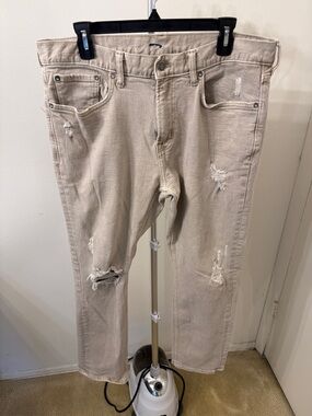 Old Navy Light Beige Slim Straight Distressed Jeans